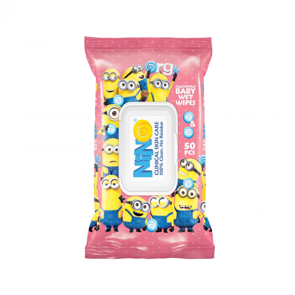 nino015 دستمال مرطوب کودک حاوی کالاندولا 50 برگي صورتی مینیون درب دار نینو - Image 1
